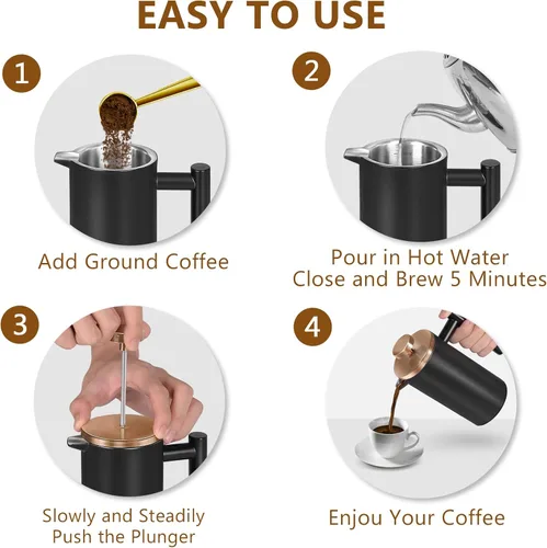 Miniatura 6 de Cafetera de Prensa Francesa de Acero Inoxidable Negro, Prensa Francesa Aislada de Doble Pared, para Café y Té, con 3 Pantallas Extra y una Cuchara