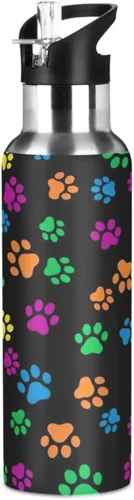 Colorful Dog Paw Prints Stainless Steel Water Bottle 32 Oz, BPA-Free Sports Water Bottle with Straw Leakproof Water Bottles