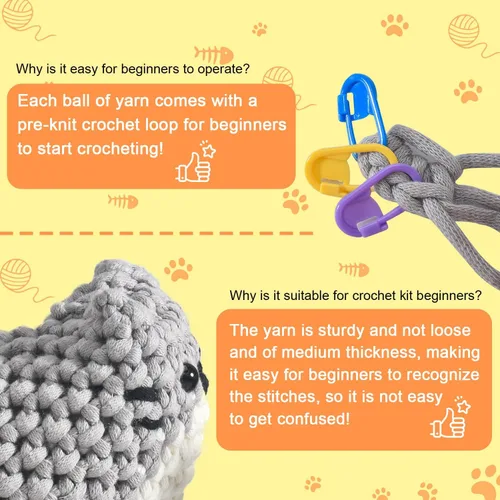 Miniatura 6 de Zepiany Kit de ganchillo para principiantes, kit de ganchillo para principiantes, kit de ganchillo para adultos, Amigurumi Crochet Animals Cat Kit