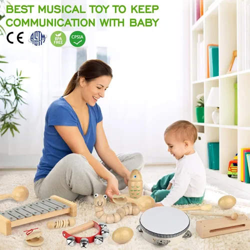 Miniatura 7 de Instrumentos musicales para niños, juegos de juguetes de percusión musical de madera 100% natural, 23 piezas de juguetes de pandereta y xilófono