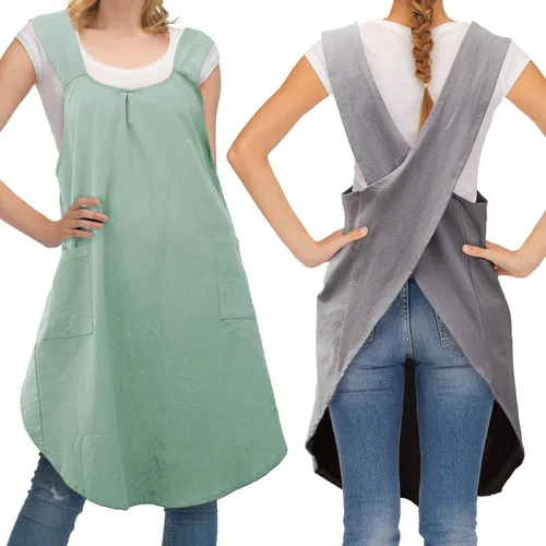 JaGely Paquete de 2 delantales de cocina de lino japonés con espalda cruzada para mujeres y hombres con 2 bolsillos, lindo vestido de jardinería