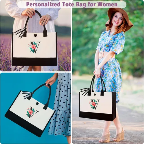 Miniatura 80 de Bolsa de lona con inicial, regalos de cumpleaños personalizados para mujeres, madres, amigas y profesoras, bolsas de mano con monograma adecuadas