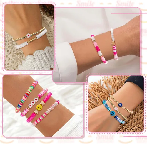 Miniatura 4 de Vitustua 16pcs Preppy Heishi Bracelets Set Stackable Colorful Cute Happy Face Charm Pearl Stretchy Beaded Bracelet Summer Beach Layering Bracelet