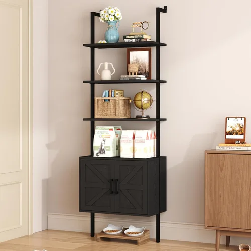 Miniatura 14 de Yusong Estantería alta de 73" con gabinete, estantería tipo escalera para montaje en pared con marco de madera y metal, estantería para plantas