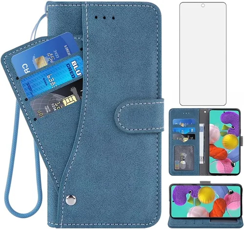 Asuwish Funda tipo cartera compatible con Samsung Galaxy A51 4G y protector de pantalla de vidrio templado, soporte para tarjetas, accesorios para