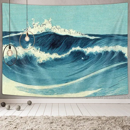 Tapiz retro oceánico para colgar en la pared, arte de pared vintage azul acuarela olas del océano, decoración de pared de olas marinas de anime