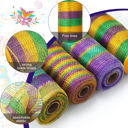 Miniatura 3 de Newwiee 8 rollos de cinta de malla para coronas Mardi Gras de 10 pulgadas x 30 pies cada rollo, decoración de malla Mardi Gras, cinta de malla