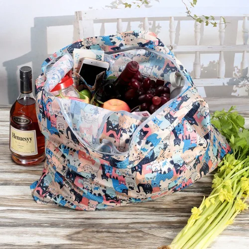 Miniatura 3 de Kingmas - Bolsas reutilizables para alimentos, plegables, ecológicas, aptas para el bolsillo, lavables, impermeables, de nailon, bolsas con asa Gato
