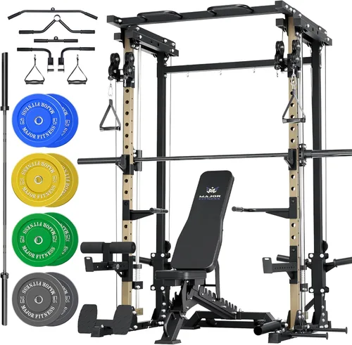 Miniatura 18 de MAJOR FITNESS Drone3 Smith Machine, 2500 libras todo en uno para gimnasio en casa con sistema de polea doble para cable cruzado, barras de dominadas