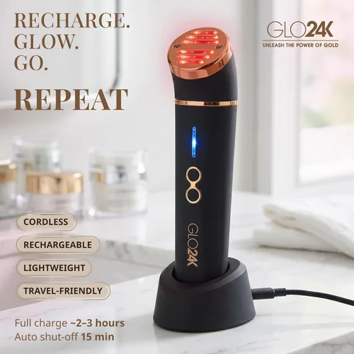 Miniatura 7 de GLO24K - Dispositivo de belleza de luz roja para cara y cuello, masajeador facial y cuello 3 en 1 con triple LED y tecnología de vibración avanzada