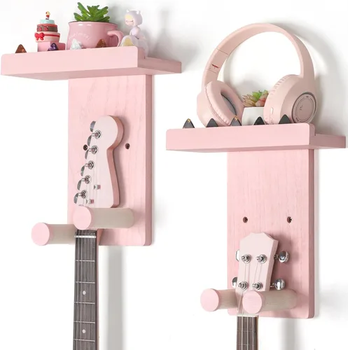 Miniatura 12 de Keebofly 2 unidades de colgador de pared para guitarra con estante de madera y soporte para púa para guitarra acústica, eléctrica, ukelele, bajo