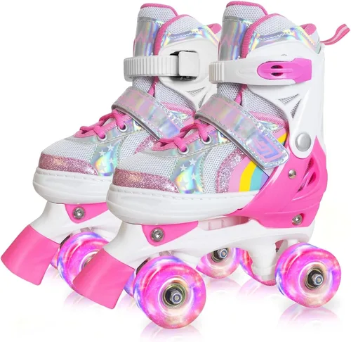 Patines de ruedas Nattork para niños y niñas, patines cuádruples ajustables en 4 tallas para niños con ruedas iluminadas, genial regalo de Rosa