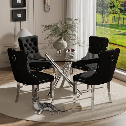 Miniatura 24 de Juego pequeño de mesa redonda con tapa de vidrio transparente para 2, 36'' Juego moderno de lujo para cenas circulares, 3 piezas Juego minimalista