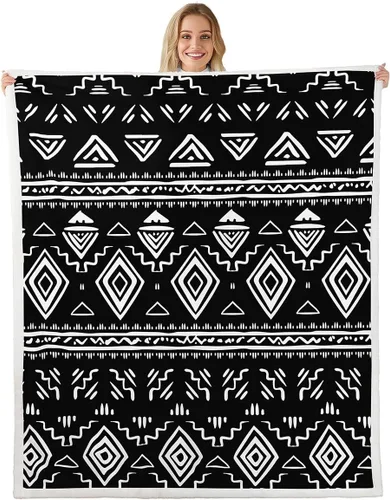 Manta Decorativa Tribal Boho Azteca para Hombres y Mujeres, Manta de Vellón Étnica Bohemia Negro y Blanco de 50"X60", Manta Sherpa del Suroeste