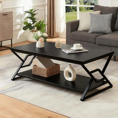 Miniatura 3 de HOMISSUE - Mesa de café, mesa de café rústica rectangular con almacenamiento de 2 niveles, mesa central de madera de ingeniería con estantes