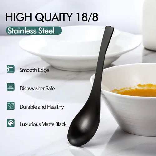 Miniatura 3 de HIWARE Cucharas de sopa gruesas de color negro mate, cucharas de sopa de acero inoxidable, cucharas de mesa, juego de 6