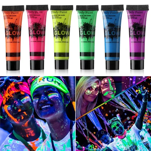GARYOB - Pintura para rostro y cuerpo que brilla en la oscuridad, luz UV y neón, fluorescente, 0.34 onzas, juego de 6 tubos 6 colores x 0.3 fl oz