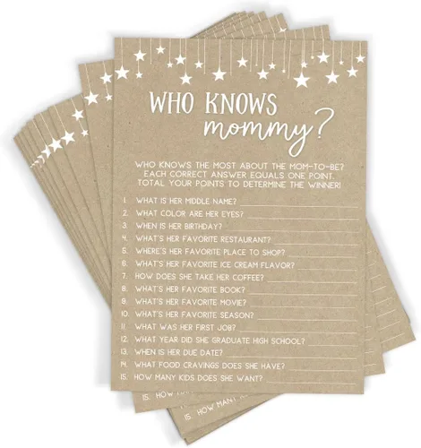 Miniatura 5 de Printed Party Juegos de baby shower - Adivina quién mamá o papá juego para niño o niña, tema de papel kraft rústico, 50 tarjetas