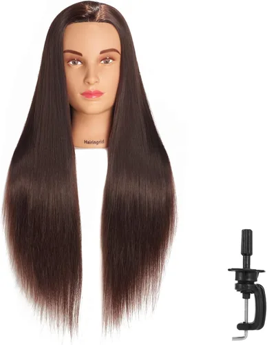 Miniatura 21 de Hairingrid Cabeza de maniquí de 26 a 28 pulgadas, para entrenamiento de peinado, cosmetología, cabeza de muñeca, pelo de fibra sintética y soporte