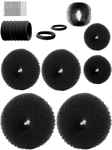 Moldeador de donas para el cabello (6 unidades, 3 tamaños: grande de 3.5 pulgadas, mediano de 3 pulgadas, pequeño de 2 pulgadas, negro) – Kit de