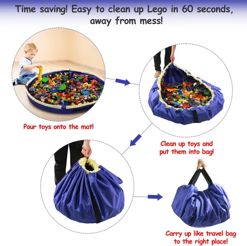 Miniatura 4 de Bolsa de almacenamiento de juguetes con cordón para Lego – Bolsa de tapete de juego, contenedor de almacenamiento de juguetes para niños con tapa