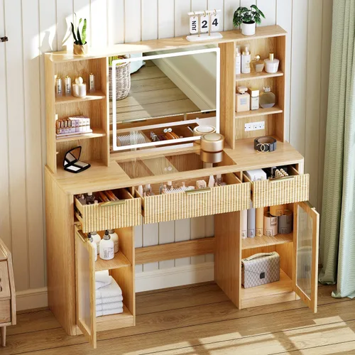 Miniatura 3 de Tocador grande de 47 pulgadas, moderno escritorio de maquillaje acanalado con espejo y luces, tocador superior de cristal con 3 cajones y 2 armarios