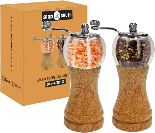 Miniatura 7 de Juego de molinillo de sal y pimienta, molinillo de pimienta de madera de acacia con grosor ajustable, molinillo de hoja de cerámica recargable