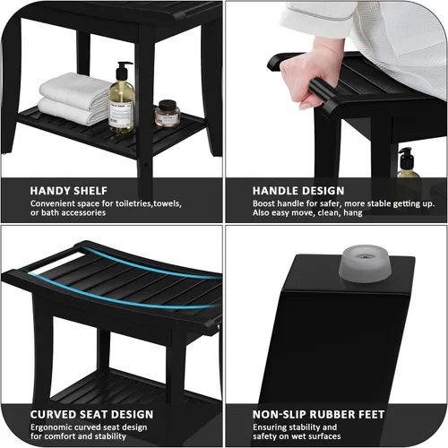 Miniatura 3 de Taburete Banco de Ducha de Bambú Impermeable con Estante de Almacenamiento para Afeitarse las Piernas o Asiento de Baño de Spa en el Baño y Dentro
