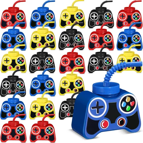 Miniatura 9 de Mifoci 24 vasos de plástico para fiestas de videojuegos con pajita y tapa, tazas de 10 onzas con temática de cumpleaños para jugadores, 7º recuerdos