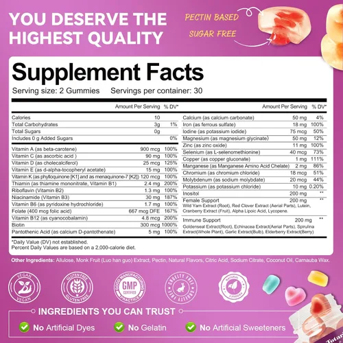Miniatura 3 de Totaria Gomitas multivitamínicas sin azúcar para mujer con hierro, multivitamínico para mujer con vitaminas C, D3 K2, B12, B6, gomitas rellenas