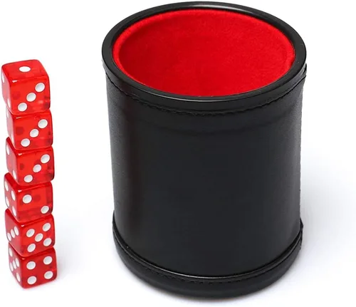 Miniatura 7 de Juego de dados de cuero sintético, interior de terciopelo rojo, silencioso, con 6 dados de puntos translúcidos rojos para mentirosos, dados Farkle