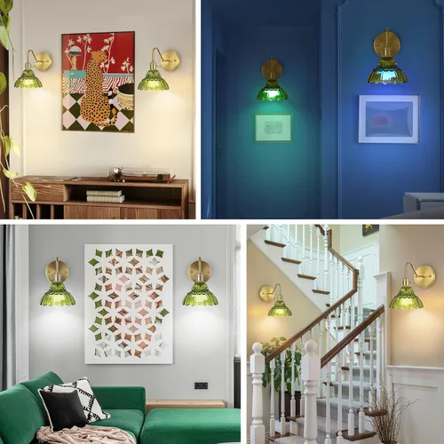 Miniatura 8 de Juego de dos apliques de pared vintage que funcionan con pilas, para interiores, no cableados, de latón y cristal verde, luces de pared RGB