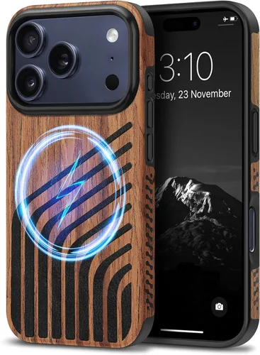 Miniatura 21 de TENDLIN Compatible con iPhone 17 Pro Max Funda de madera con textura de fibra de carbono Diseño de cuero híbrido delgado (negro)