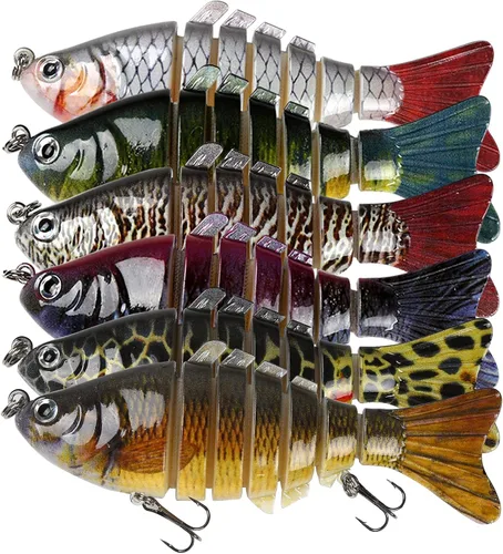 6 señuelos de pesca para lubina, señuelo de trucha de agua superior, cebos de natación multiarticulados, cebos duros de hundimiento lento