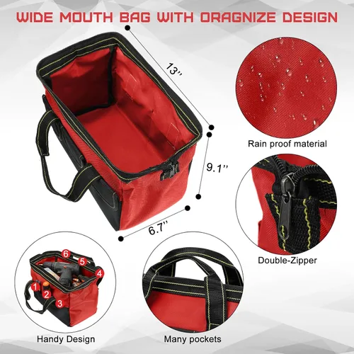 Miniatura 2 de Bolsa de Herramientas de 4 Piezas con Base Moldeada Fuerte Resistente al Agua, Múltiples Bolsillos, Bolsa de Herramientas de Boca Ancha Rojo