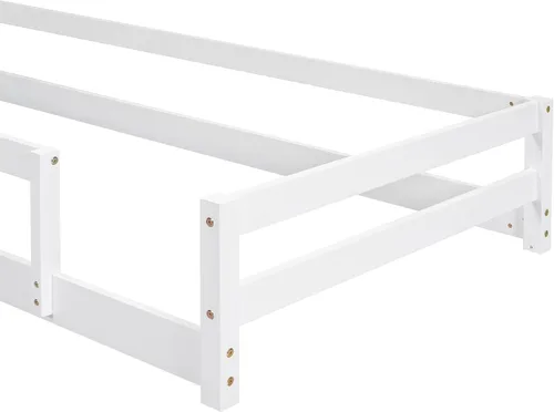 Miniatura 8 de Cama de madera de tamaño individual con cabecera en forma de casa con vallas, altura baja al suelo, para dormitorio de niños y niñas (azul claro-01)