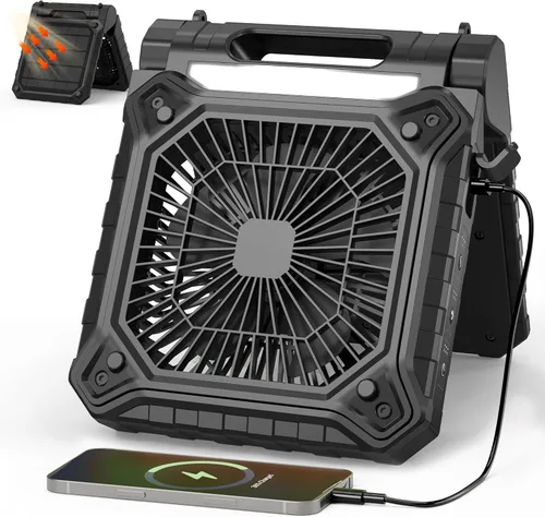 KITWLEMEN Ventilador solar de campamento de 10.2 pulgadas con ventilador de batería recargable con luz, tiempo de funcionamiento de 38 horas, 3