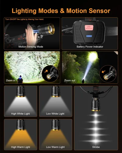 Miniatura 4 de Linterna frontal LED recargable, 1000 lúmenes, súper brillante, con sensor de movimiento y luz doble, luz frontal impermeable con zoom de 90°