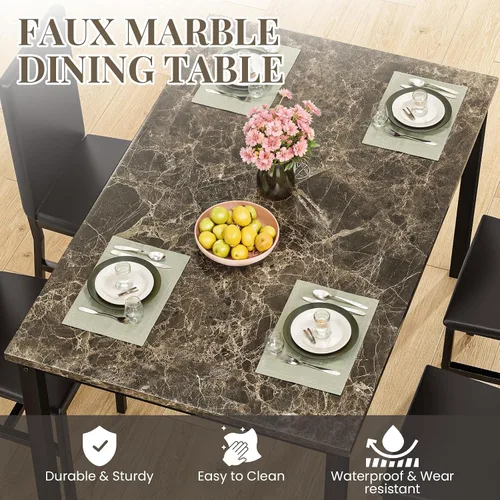 Miniatura 3 de Conjunto de mesa de comedor Lamerge para 4, mesa de mármol sintético y 4 sillas de cuero PU, mesa y sillas de cocina para 4, conjuntos modernos