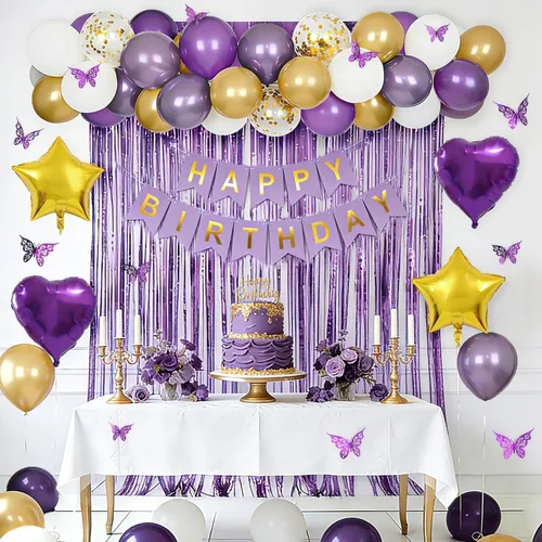 Miniatura 4 de Decoraciones de cumpleaños moradas para mujer con pancarta de feliz cumpleaños, cortinas, mariposa, globos de estrella de corazón y luz LED