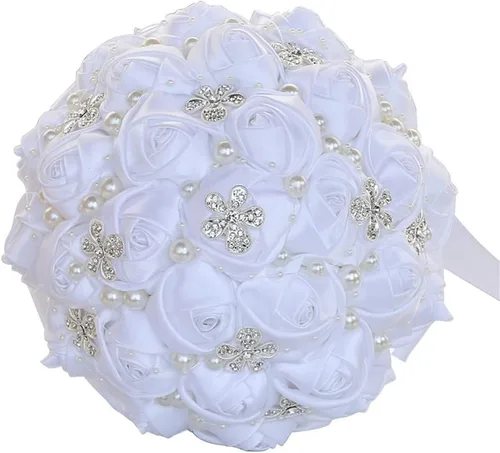 Miniatura 49 de Sharebeauty Ramo de novia de satén hecho a mano de 5.9 pulgadas, ramo de boda, ramo de flores artificiales, color azul claro + blanco W224