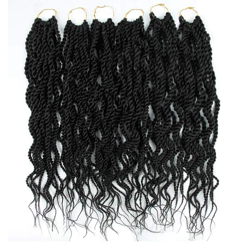 Miniatura 2 de (paquete de 6 unidades) 18 pulgadas Trenzas senegalesas de pelo ondulado sintético Extensión de pelo Kanekalon rizado, 18, #1B