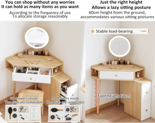 Miniatura 4 de Escritorio esquinero para dormitorio, juego de tocador blanco, con espejo de brillo ajustable, con 1 cajón y armario lateral, con estantes
