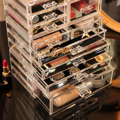 Miniatura 5 de Cq acrylic Paquete de 4 organizadores de maquillaje transparentes, apilables, 11 cajones, organizador de cuidado de la piel, lindo organizador