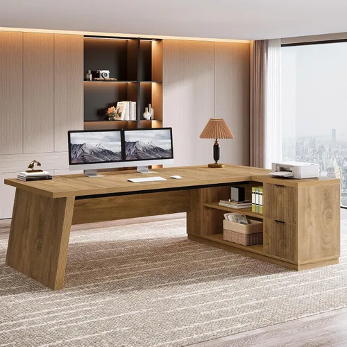 Miniatura 3 de Tribesigns Escritorio en forma de L de 78 pulgadas con cajones, escritorio ejecutivo grande con archivador y estantes, mesa de esquina moderna