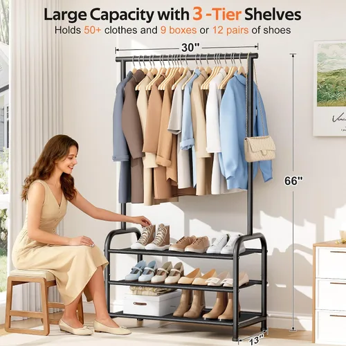 Miniatura 5 de MISSLO Perchero resistente con ruedas y estantes para colgar ropa con 3 estantes