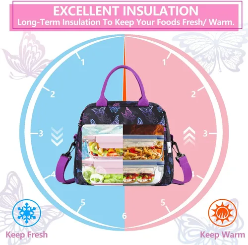 Miniatura 5 de VX VONXURY - Lonchera para mujeres y niñas, bolsa de almuerzo aislada, bonita bolsa de almuerzo con mariposa morada, contenedor de alimentos