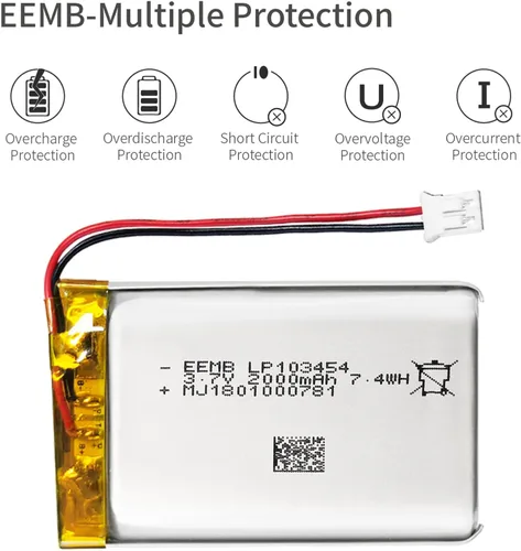 Miniatura 8 de EEMB Batería de Polímero de Litio 3.7V 2000mAh 103454 Paquete de Batería Recargable Lipo con Conector JST para Altavoz y Dispositivo Inalámbrico