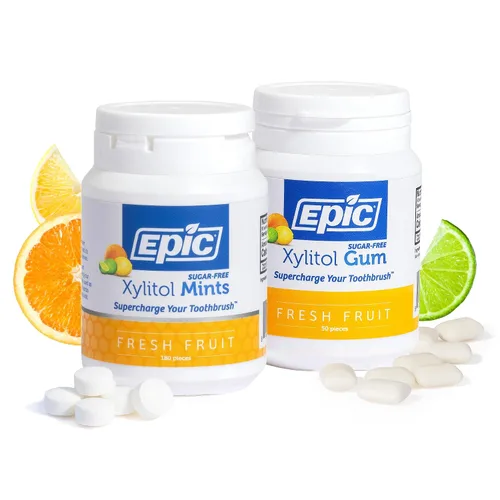 Epic Xylitol - Paquete de goma de mascar y mentas de fruta fresca, 50 piezas de goma de mascar de fruta fresca y 180 mentas, sin azúcar, sin