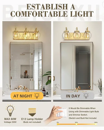 Miniatura 3 de Beionxii BX-VL03BG-3CG - Lámpara de tocador de baño de 3 luces de oro cepillado, modernas luces de tocador con pantalla de vidrio transparente